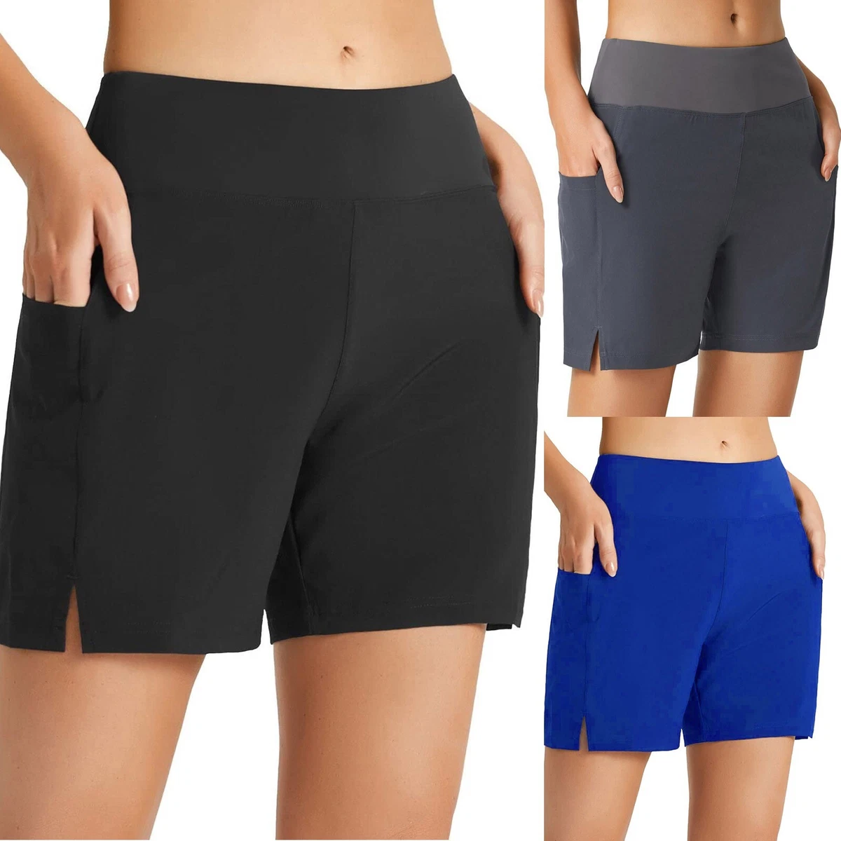 Women Swim Shorts High Waisted Bathing Suit Pocket Bottoms