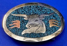 Longhorn Bull Steer Head Turquoise Inlay SouthWestern Belt Buckle Made in Mexico