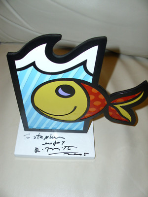 Rar Romero Britto ''Boom Fish'' Orig. 2005 white Base Skulptur +extra Unterschrift