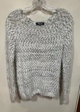 Buffalo David Bitton Sweater Women's White & Gray Round Neck Size S Fuzzy LS