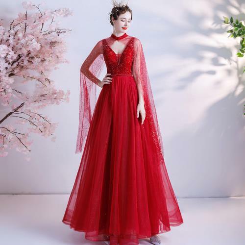 Luxury Red Diamante Cape V Neck Tulle Ball Gown Party Prom Evening Dresses MGS - Bild 6 von 12