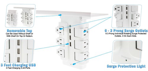 Wall Power Rotating Outlet Shelf Electrical Socket Wall Stand 6 Plugs + 3 USB - Picture 2 of 6