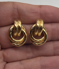 Textured Gold Tone Metal Double Hoop Front Loop Pierced Earrings Vintage