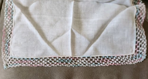 Vintage Pink, Blue & White Crocheted/Natted Edged Handkerchief - Picture 8 of 8