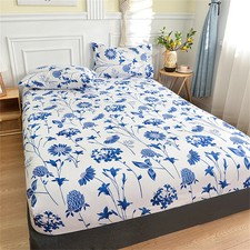 Twin Fitted Bed Sheet with Elastic Blue Flower Printed Bed Cover Single/Queen/Ki