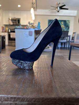 Charlotte Olympia Black Glitter Platform Pumps 38 Suede High Heels Designer 7.5 