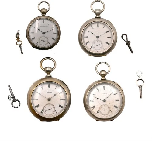 4 ANTIQUE A.W. CO WALTHAM HAMPDEN KEY WOUND 11J POCKET WATCH LOT 18S BASE METAL