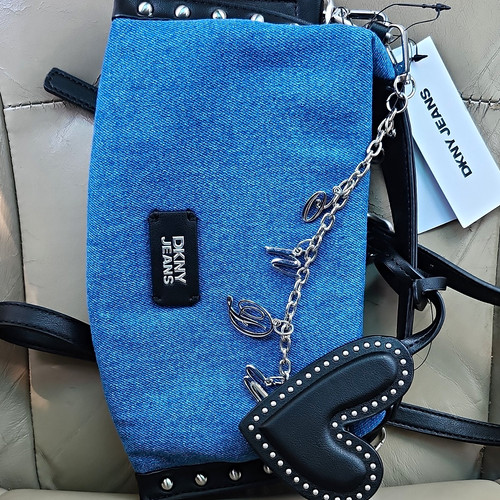 DKNY Jeans Mini Crossbody Bag Blue/Black Zip Studded Heart Charm