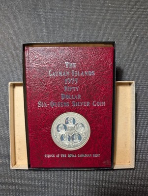 1975 Cayman Islands $50 Six Queens Sterling Silver Proof Coin w/ Book & COA