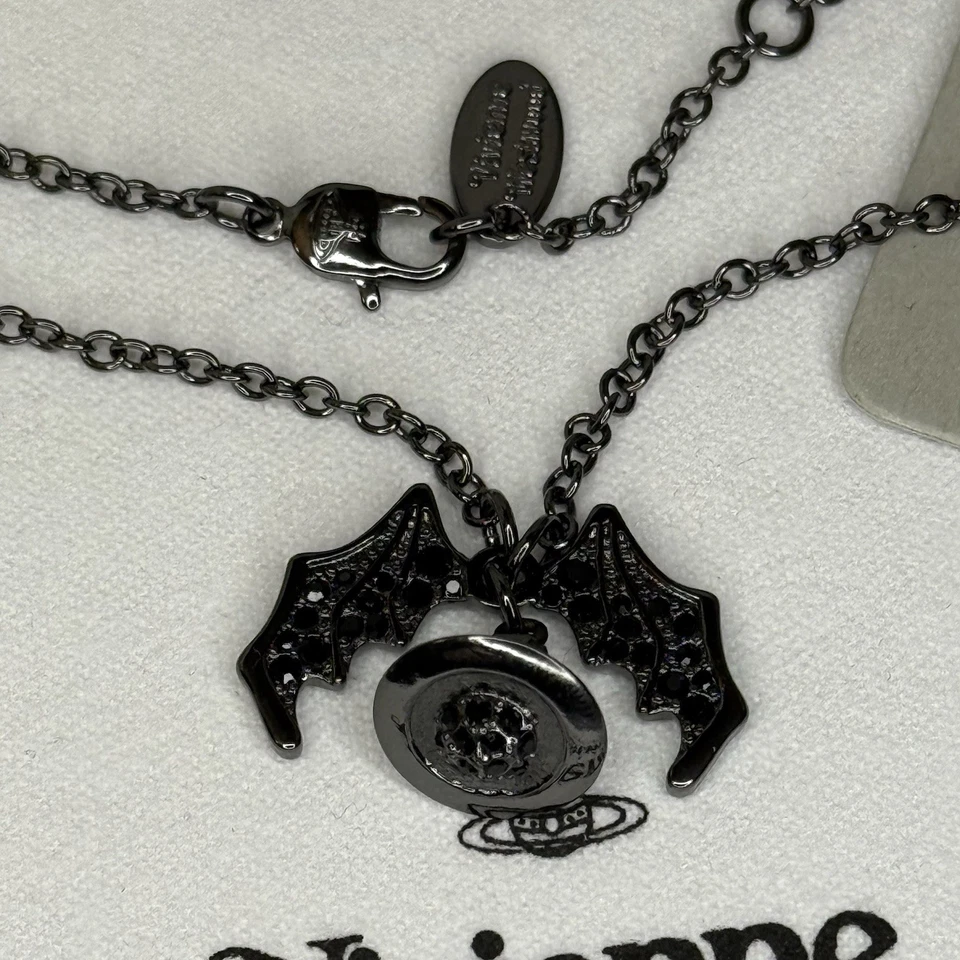 Vivienne Westwood Bat Necklace Black Silver Japan Orb Chain New With Box - Image 3 of 4