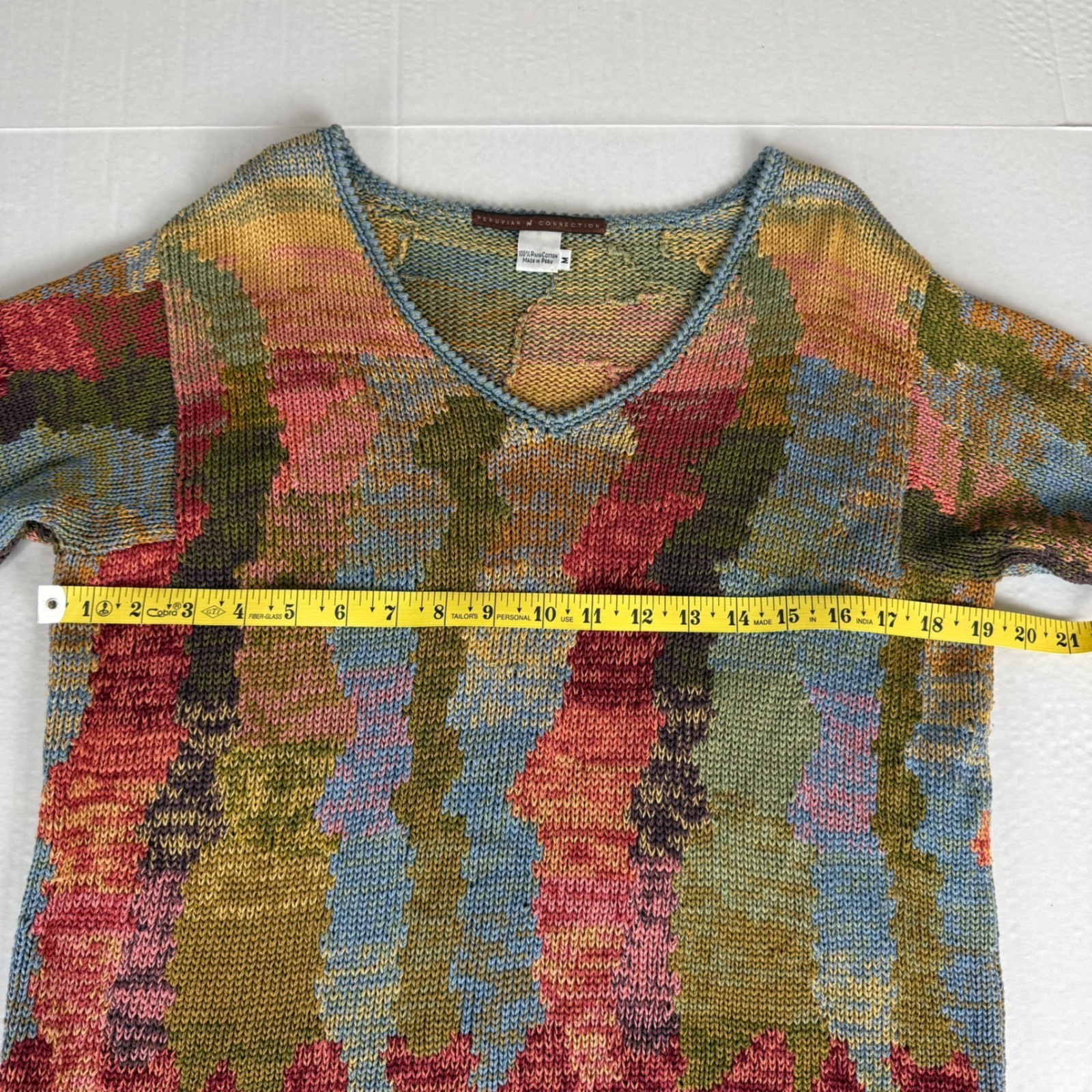 PERUVIAN CONNECTION Multicolor Patchwork Knit V N… - image 4