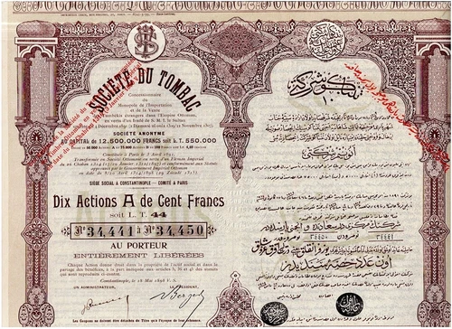 TAA #54 S. du Tombac, Constantinople 1898, 10 actions A 100 FF, excellent deco, uncanc
