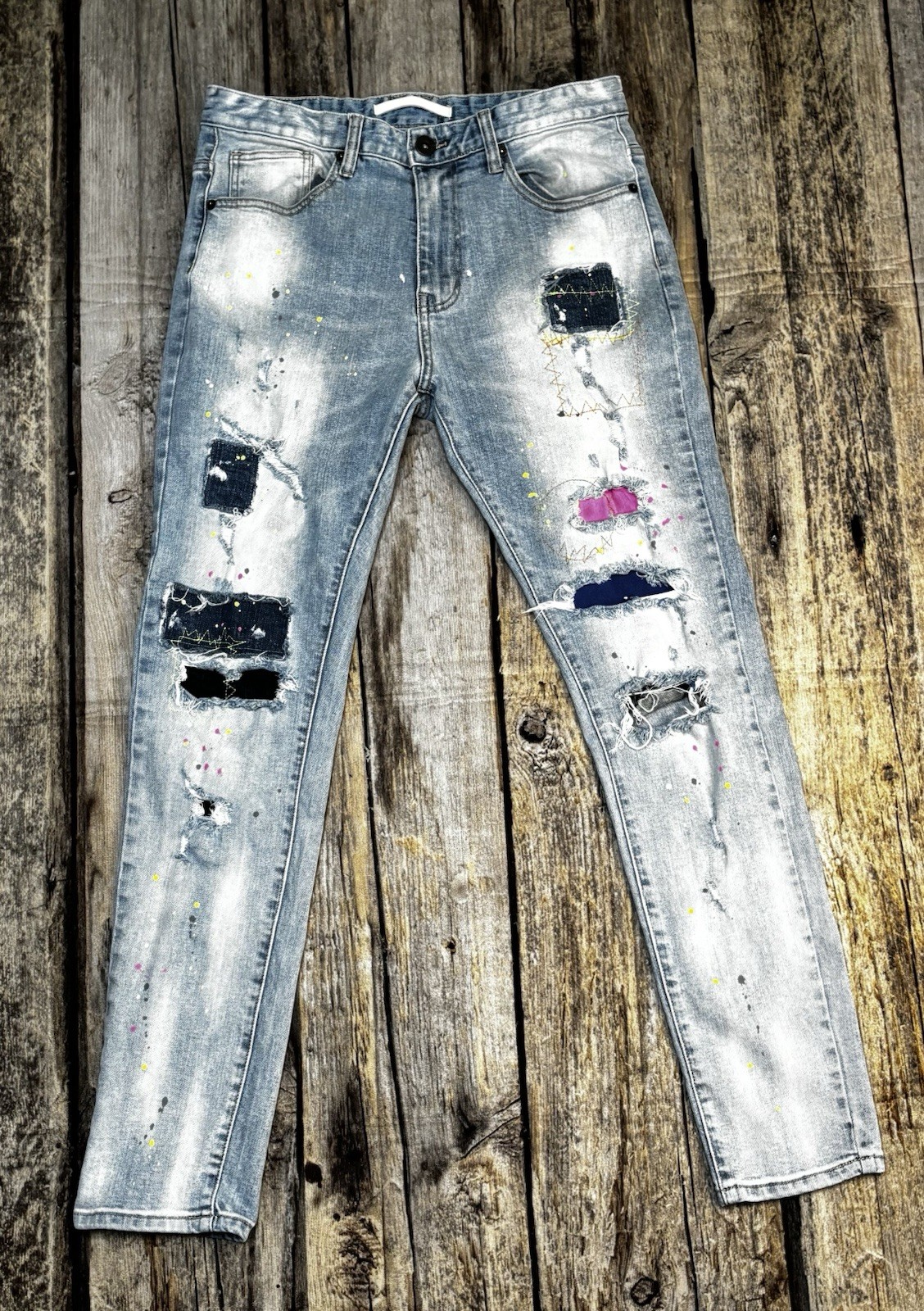 Kloud9 Distressed Patchwork & Paint Splattered Je… - image 1