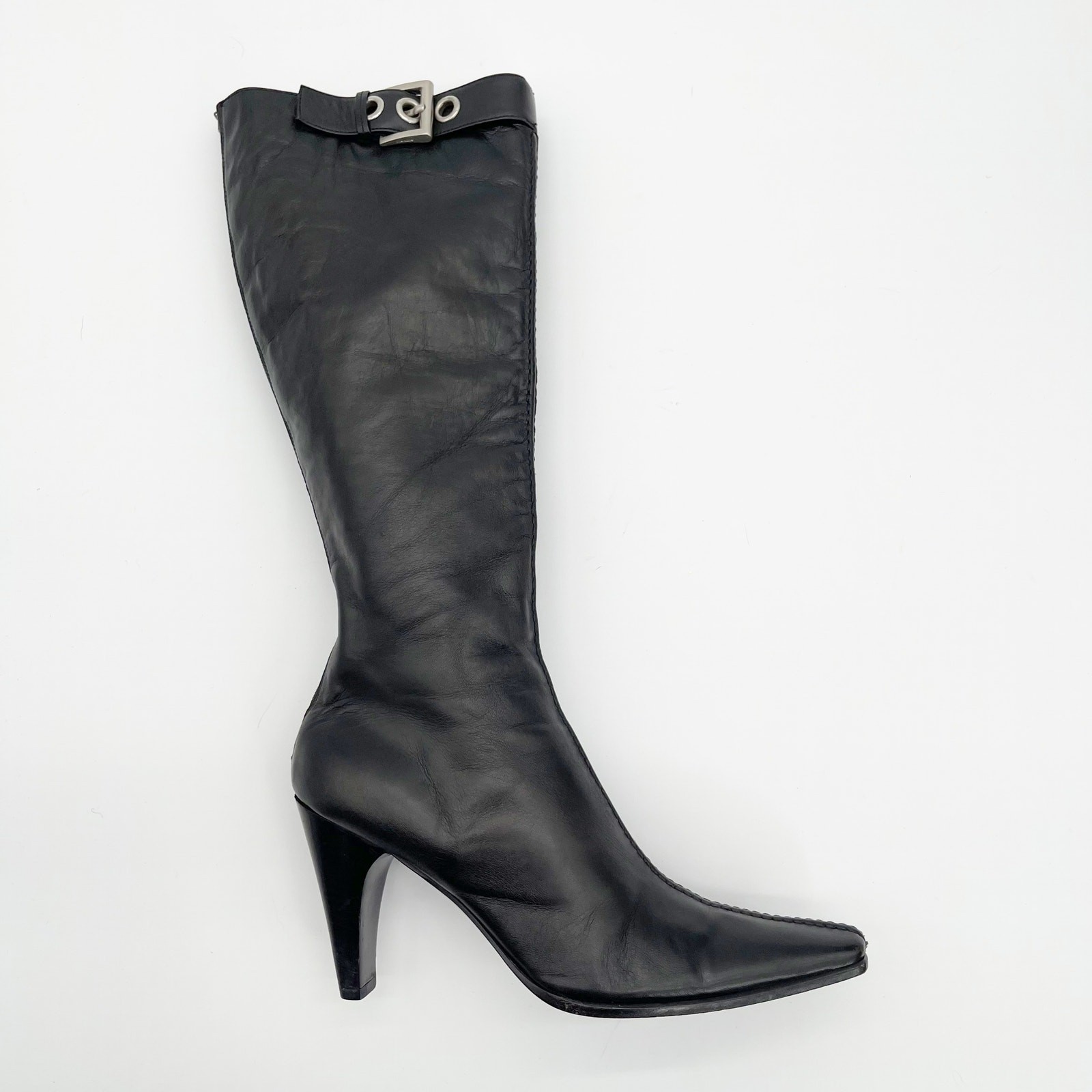 Vintage Prada Black Leather Square Toe Heeled Knee High Italian Boots 90s IT 36 thumbnail 2