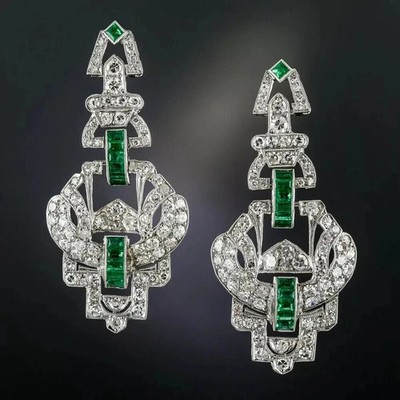 Art Deco Style Lab Created Diamond Emerald Engagement 14K White Gold FN Earrings