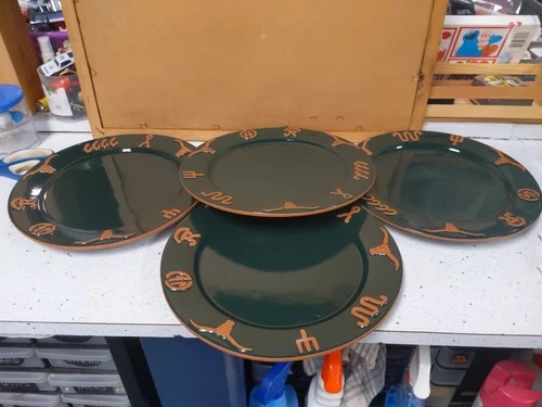 SET 4 Frankoma Pottery Ranch Brands Cowboy Western Dinner Plate 6666 Green 10.5”