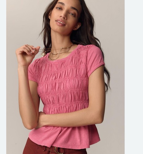 NEU Anthropologie Pilco Medium Pink Garment Dye geraffter Rundhalsausschnitt Flügelärmel T-Shirt