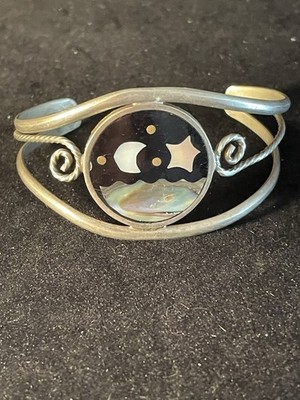 Vintage Alpaca Mexico Silver-Tone Mixed Metal Shell Moon & Stars Cuff Bracelet