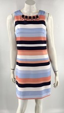 Vince Camuto Shift Dress Size 6 Striped Coral Pink Blue Beaded Neck Cocktail