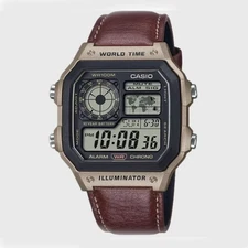 Casio AE-1200WHL-5A Digital World Time Brown Leather, Band Men's