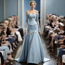 Customized Morandi Blue Snap Shoulder Evening Dress Beaded Applique Long Sleeves