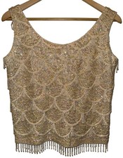 VTG Hand Beaded Sequined Tank Top 1980s Wool Flapper Showgirl Hong Kong Size S