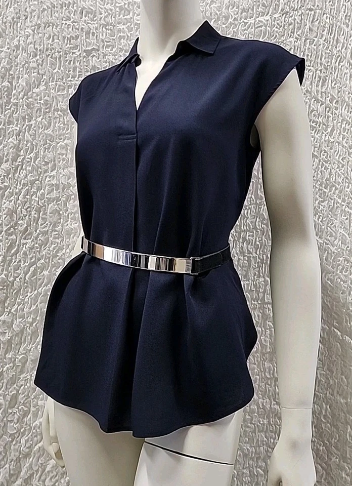 UNI QLO XS 8 Navy Comfy SHIRT Top Relaxed Blouse V-neck Pleat Lightweight #A5 - image 2 of 4