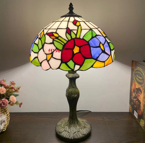 Tiffany Style Table Lamp Stained Glass Purple Blue Flowers Vintage H18*W12 Inch - Picture 4 of 25