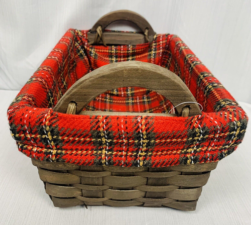 Christmas Wood Basket with Handles and Plaid Print 11"x6"x5", Celebrate It - Picture 2 of 8