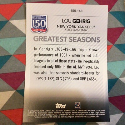148 Lou Gehrig Yankees 5x7 Silver 07/49 made 2019 Topps 150 Years