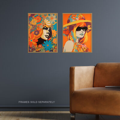 Flower Power Fashion Female 60s 70s Orange Blue Colourful A4 Wall