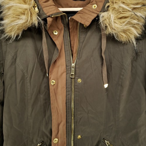 Guess Utility Coat Parka Womens L Jacket Olive Green Faux Fur Hood Full Zip Snap - Picture 16 of 24