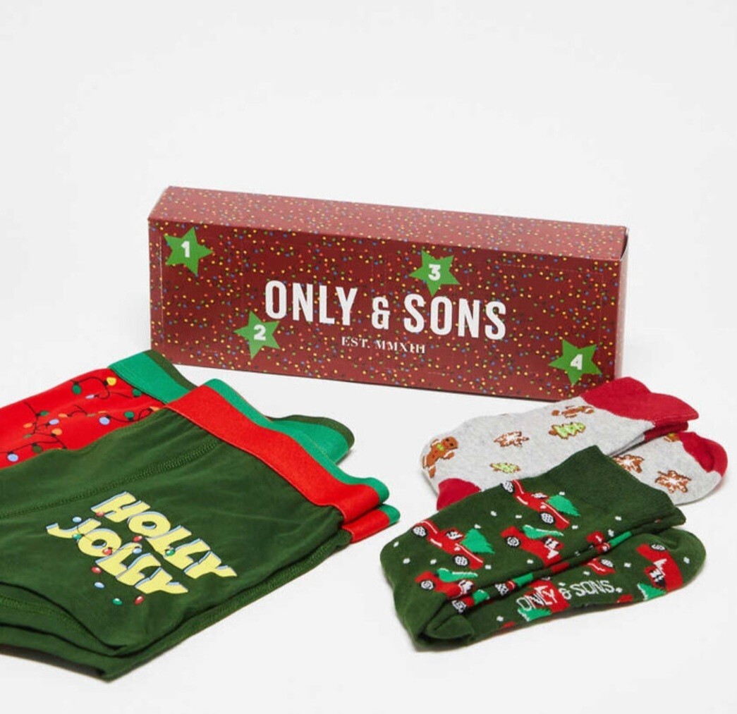 SAOLA £25 Nuovo con etichette 2XL Only & Sons confezione da 4 bauli e calze natalizie calendario dell'avvento Multi
