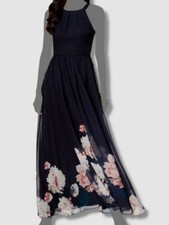  230 Betsy  Adam Womens Blue Floral Chiffon Pleated Halter Gown Formal Dress 14