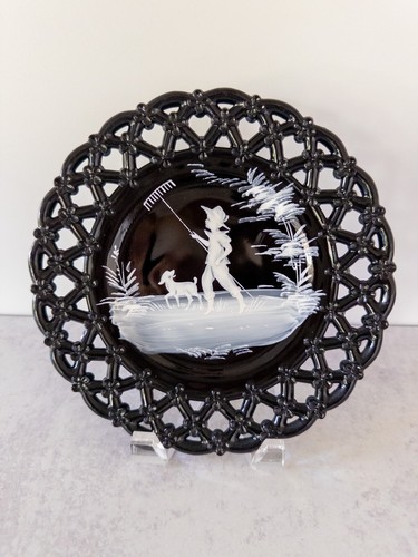 Vintage Westmoreland Black Glass Lace Edge Mary Gregory Plates - Picture 2 of 6