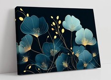 DELICATE TEAL AND GOLD FLOWERS HOME DECOR FRAMED CANVAS WALL ART PICTURE PRINT