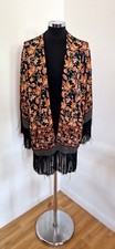 ZARA Orange Red Kimono Womens Size M Tasselled Open Fringe Oriental Floral