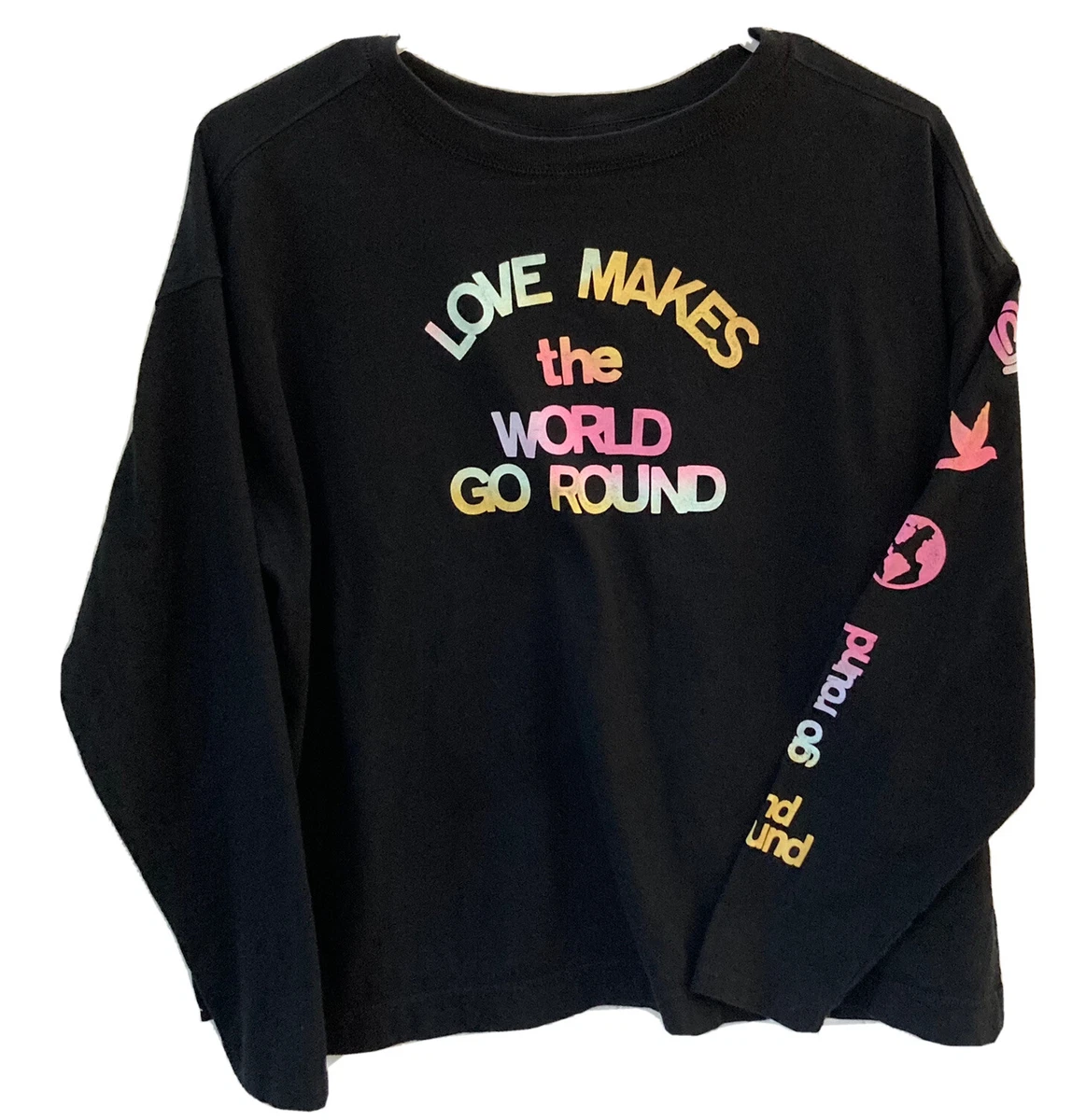 Old Navy Love Makes the World Go Round T Shirt Cotton Black Long Sleeve Size M