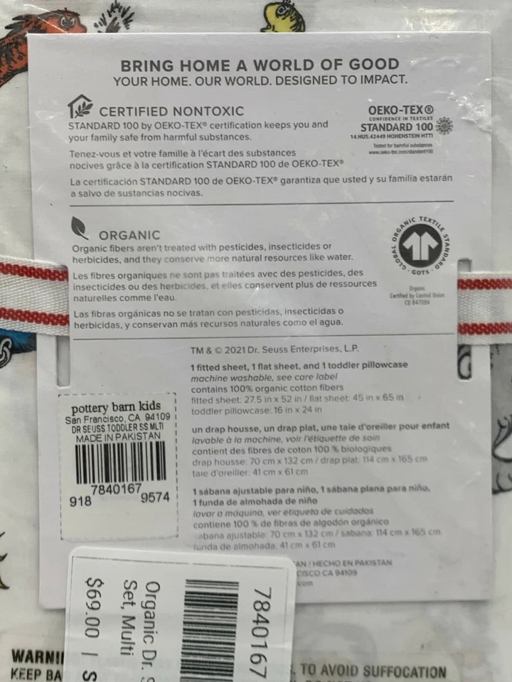 Juego de sábanas orgánicas Pottery Barn Kids Dr. Seuss gato en sombrero Horton niño pequeño #H117G Foto 3 de 3
