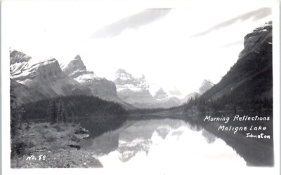 Morning Reflections Maligne Lake Alberta Canada Johnston Real Photo Postcard