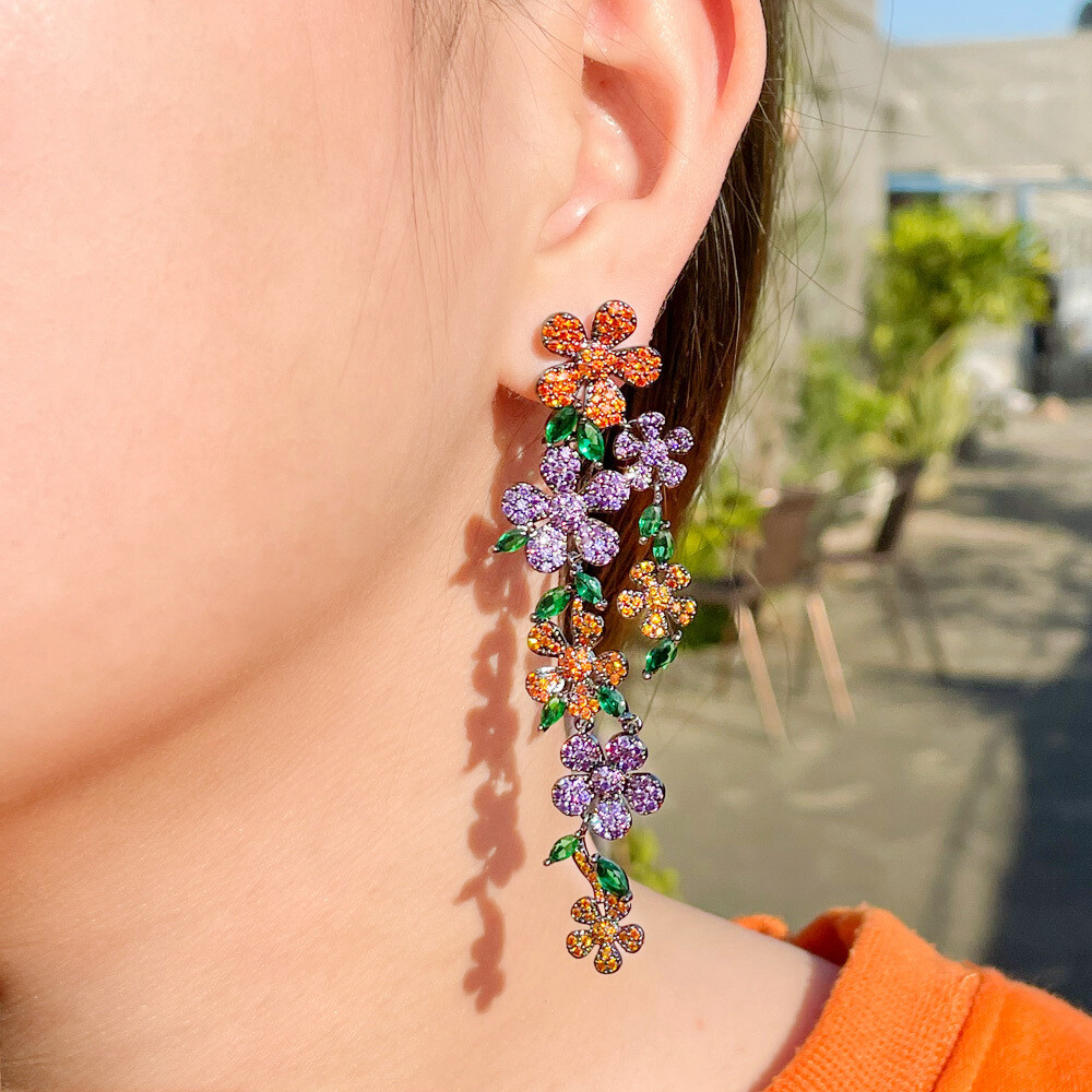 Black Gold Plated Colorful CZ Bridal Engagement Long Leaf Dangle Drop Earrings