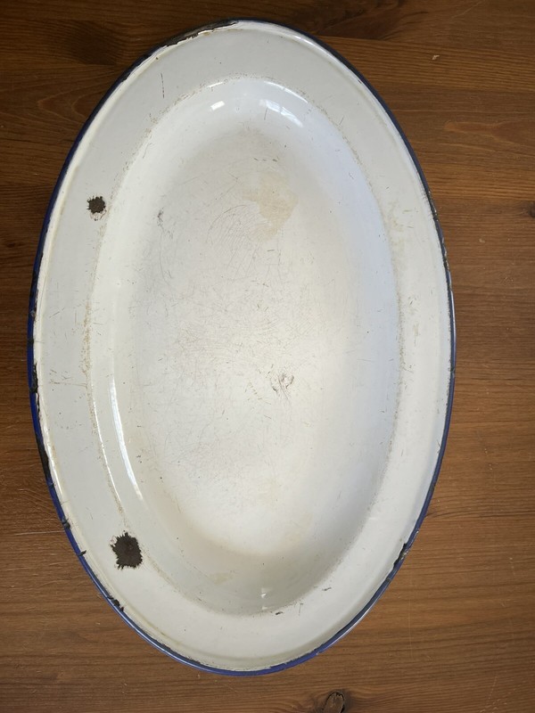 Enamelware Platter Serving Dish White Blue Rim Kockums Sweden 40 cm Vintage
