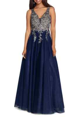 Xscape Navy Blue And Gold Embroidered Bodice A-Line Gown Dress Size 10 $318  | eBay
