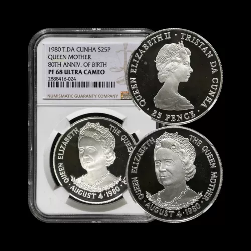 TRISTAN DA CUNHA. 1980, 25 Pence, Silver - NGC PF68 - Top Pop 🥇 Queen Mother