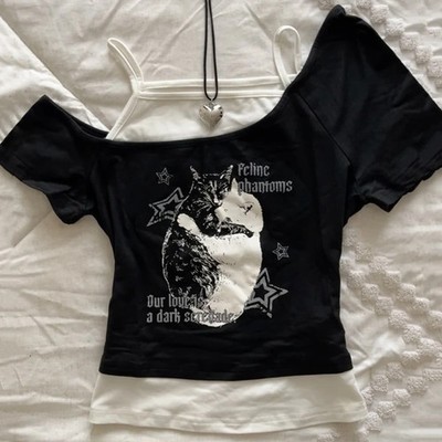  Feline Phantoms Cat Graphic Goth Emo Black Off Shoulder Top Y2K Grunge S-L