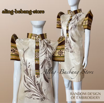 Modern Filipiniana Dress Ethnic Design (Random Embroidery) Mestiza Sleeve  BROWN | eBay