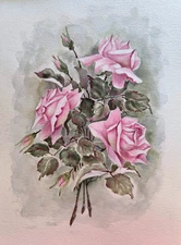 Original Artwork Painting Landscape Flower DUSTY PINK VINTAGE Rose Art Floral A4