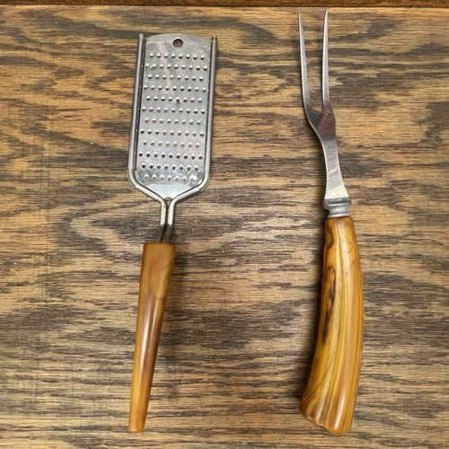 Vtg Bakelite Stainless utensils Serving fork & grater Semichrome Tested USA - Picture 5 of 5