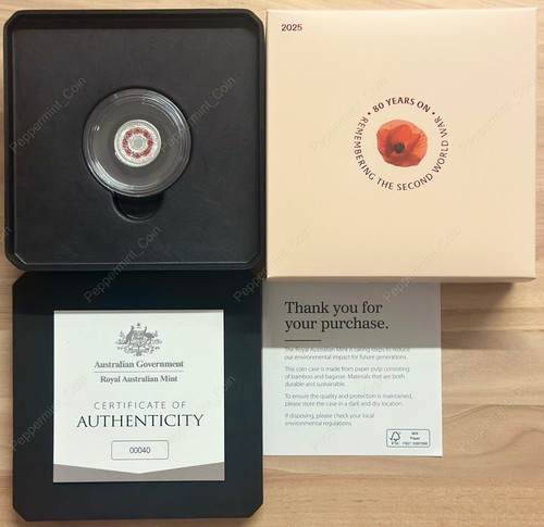 2025 'C' Mintmark $2 Poppy Wreath 80th WWII Coloured Silver Proof Coin #00040