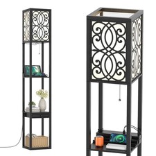 Floor Lamp Freestanding Bedside Lounge Light Lamp W/ 3 Tier Shelves-Black